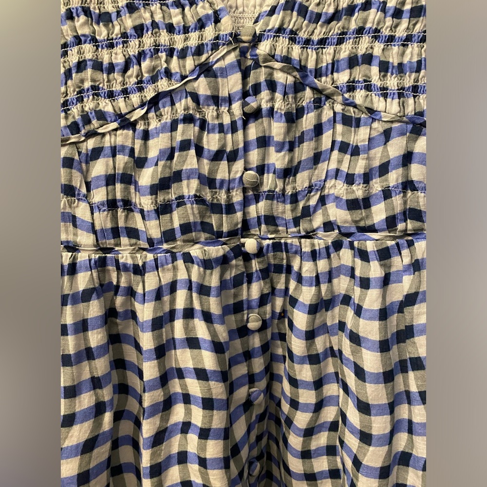 Anthropologie- Peregrine Blue and White Wavy Gingham Check Dress flutter sleeve - Picture 10 of 16
